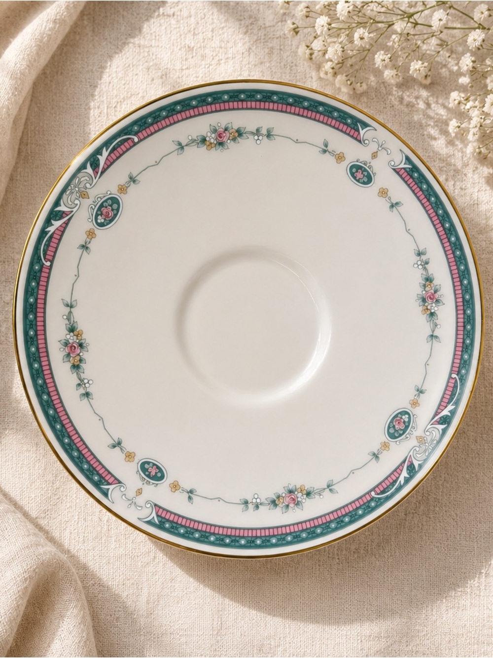 Royal Doulton Teal, Pink and Gold Floral Saucer